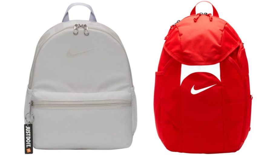 stock image of Nike backpacks in gray and red