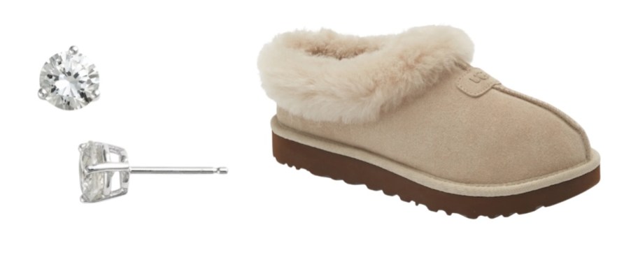 أقراط الماس ونعال ugg على خلفية بيضاء