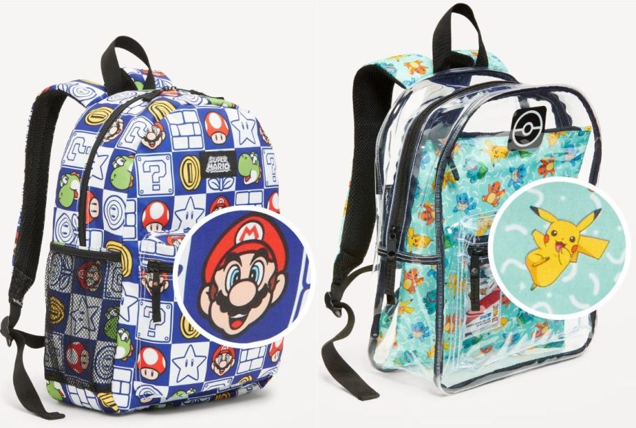 Stock images of Super Mario and Pokemon Backpacks from Old Navy