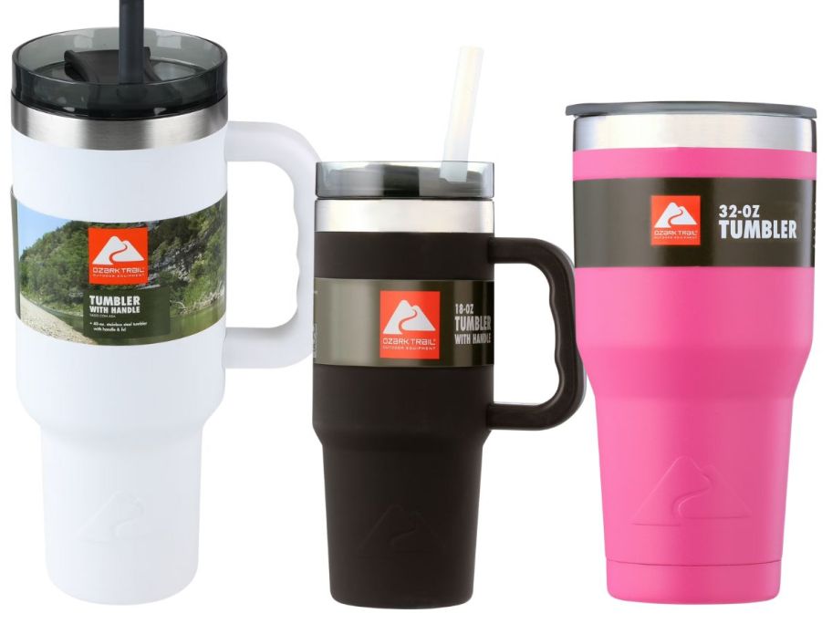 3 Ozark tumblers in white, black, and pink