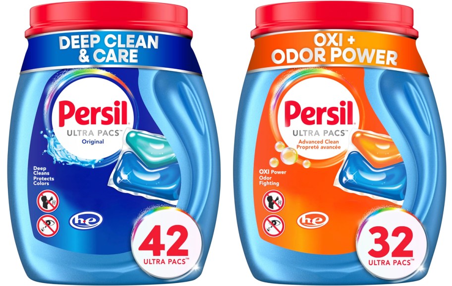 two blue jars of Persil Laundry Detergent Ultra Pacs