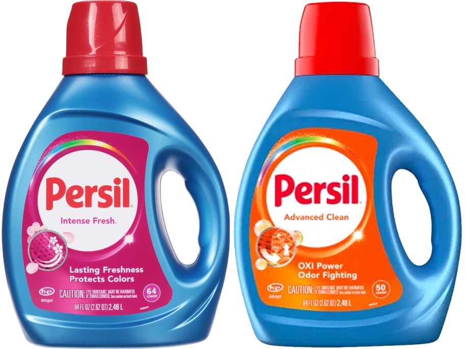 two blue bottles of Persil liquid laundry detergent 