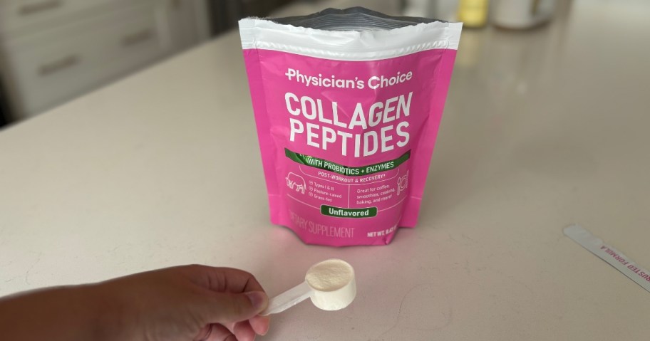 bag of physician's choice collagen peptides with scoop of powder