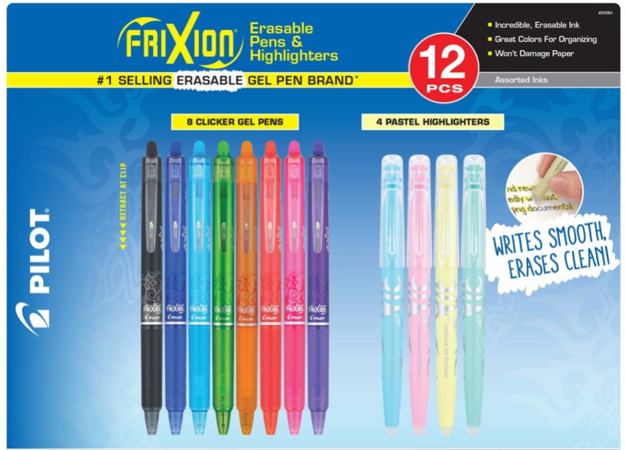 Pilot FriXion erasable pen and highlighter package includes 8 multi-colored clicker gel pens and 4 pastel highlighters.