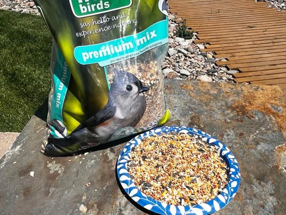 large bag of birdseed next to a plate of birdseed