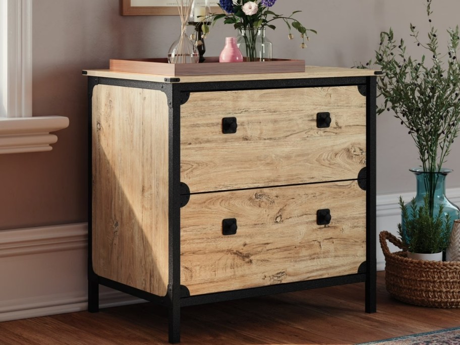 a wooden and metal lateral file