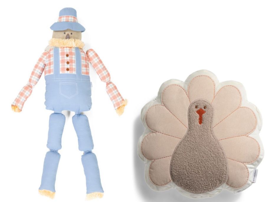 Scarecrow and turkey pillows displayed net to eachother