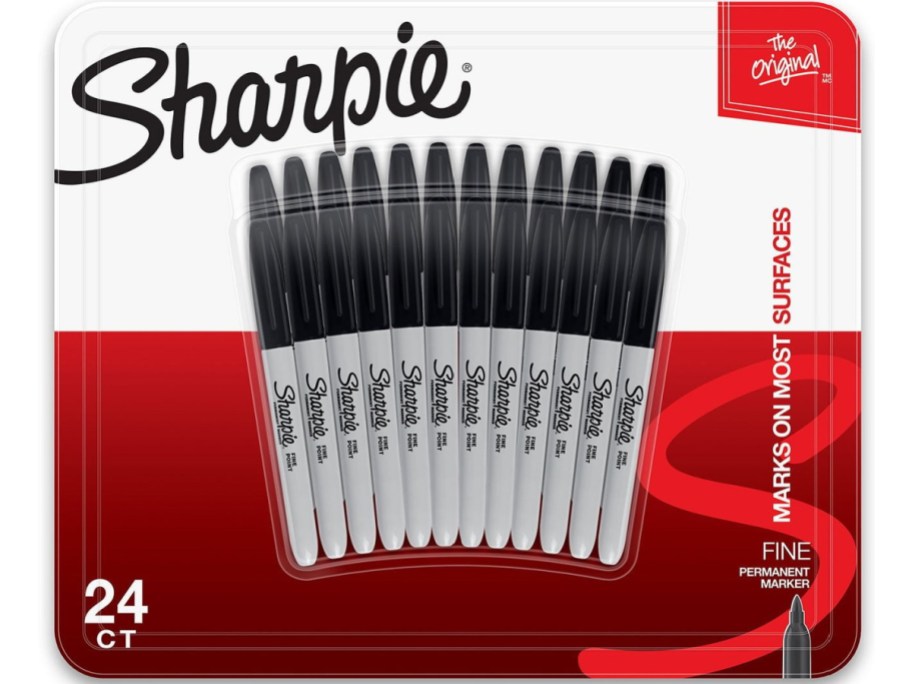 Package contains 24 black fine point Sharpie permanent markers.