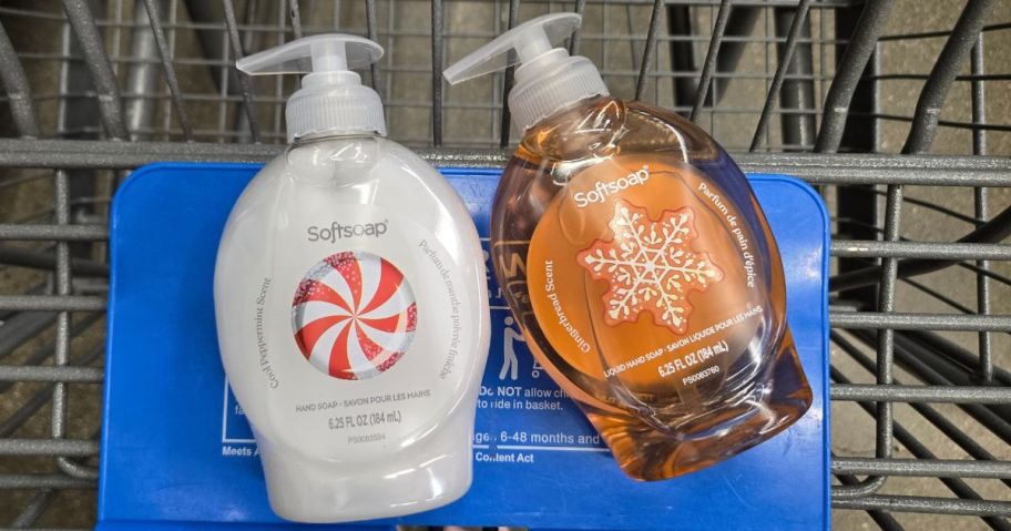2 hand soap bottles with winter themed pictures: peppermint candy and a snowflake