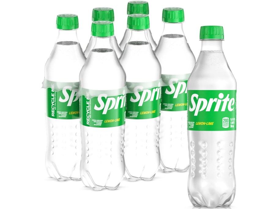 Six packs of sprite bottles with one big bottle before that