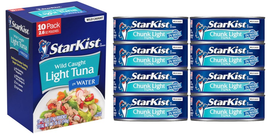 box of pouches and stacks of cans of StarKist Tuna