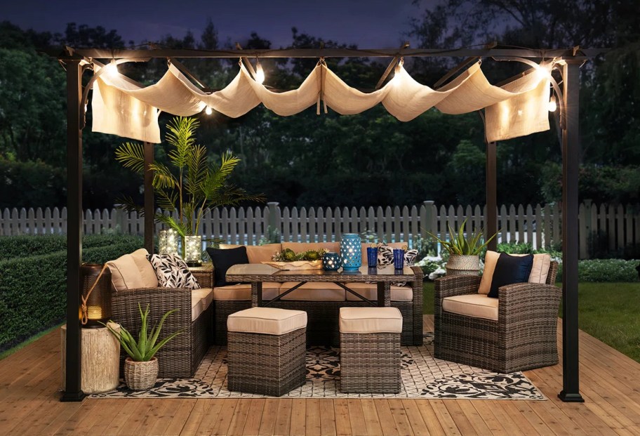 cabana on patio in the dark