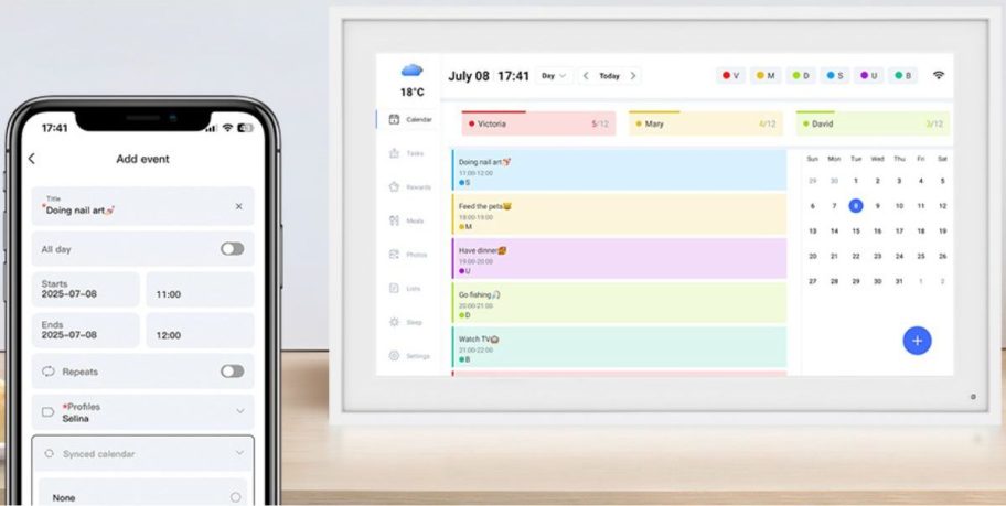 A Tabwee Digital Calendar with a cell phone next tit displaying the calendar's app