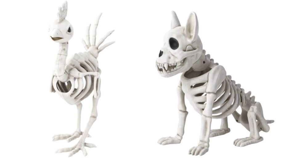 skeleton chicken and bulldog decor