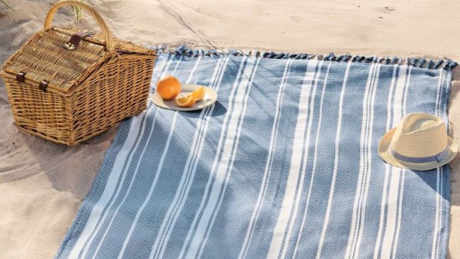 Target oversized beach towel with basket and fruit on it 