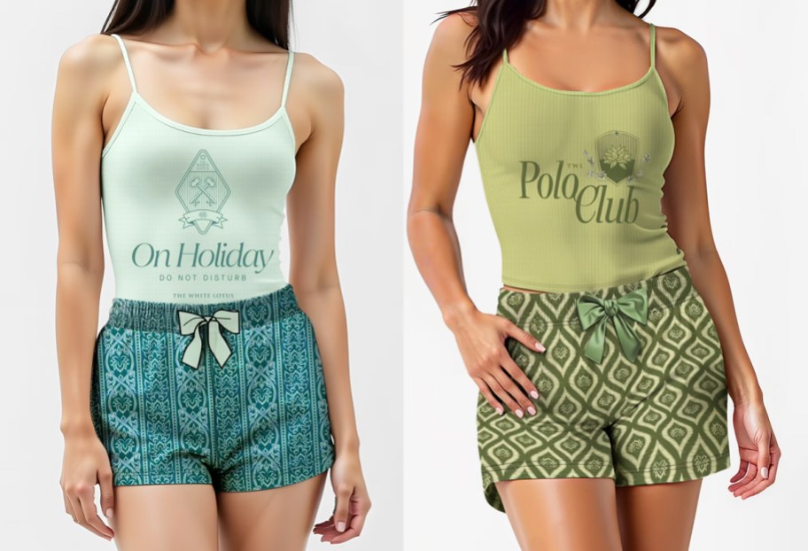 two women in coordinating sleep shorts and cami sets