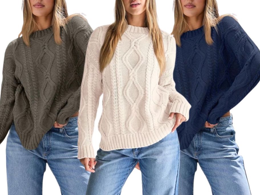 3 women wearing Trendy Queen Women’s Crewneck Sweaters