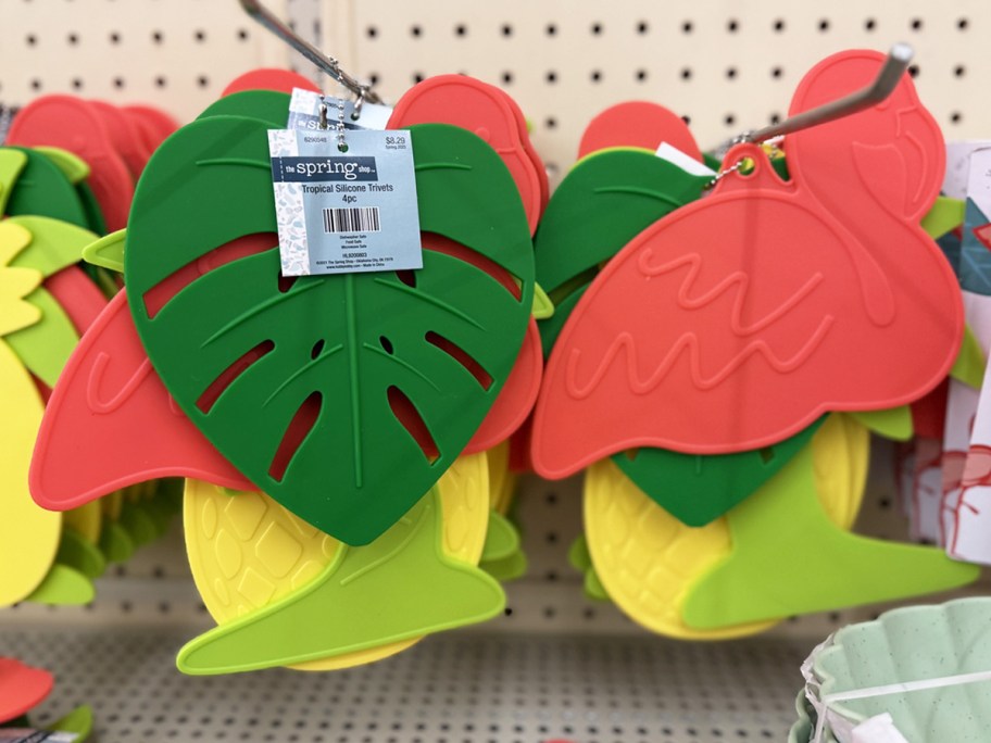 tropical print silicone trivets on store display
