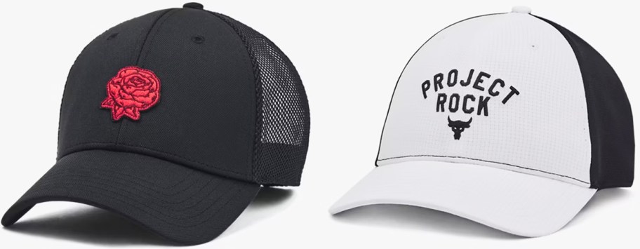 black hat with rose design and white hate that says project rock