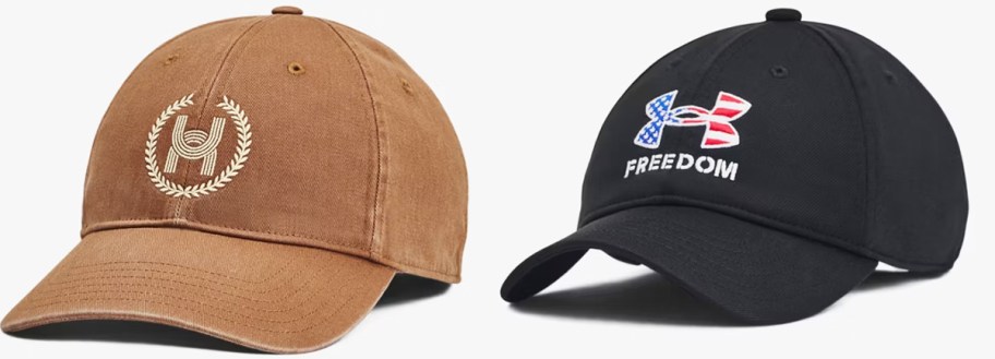tan and black under armour hats