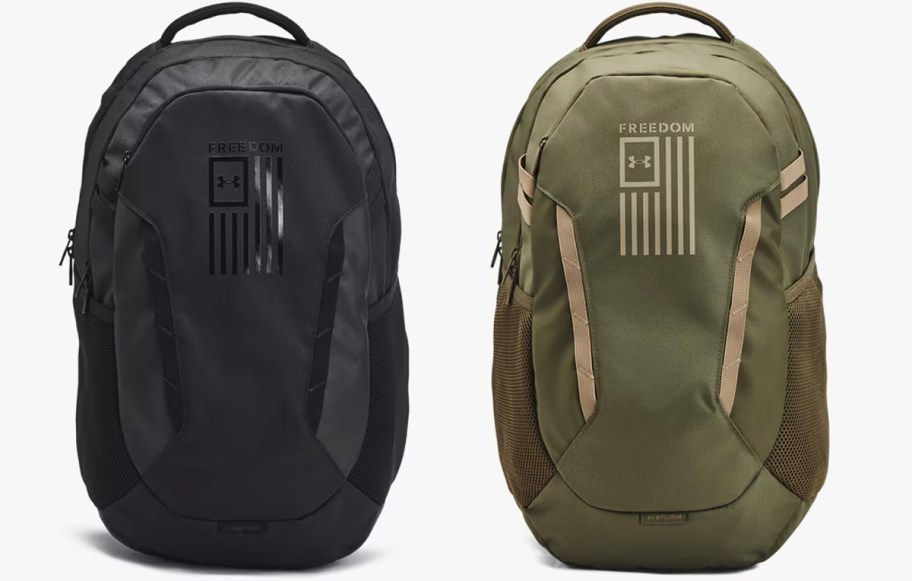 black and army green under armour backpacks