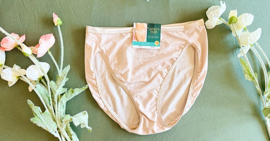 pink pair of Vanity Fair Underwear with faux flowers on either side
