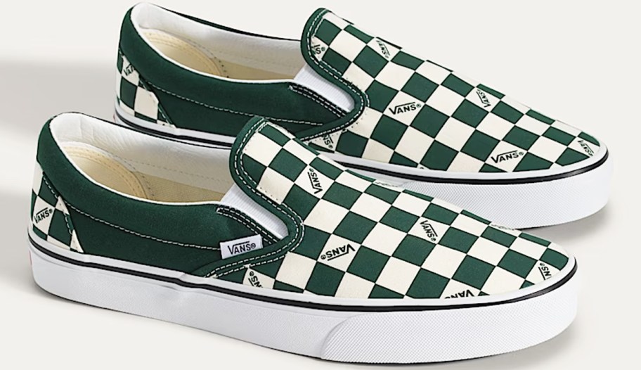 pair of dark green and white checkerboard print sneakers