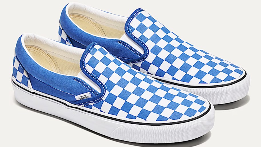 pair of blue and white checkerboard print sneakers