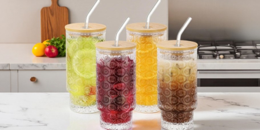 Vintage Glass Tumbler 4-Pack w/ Bamboo Lids & Straws Only $13.99 on Amazon