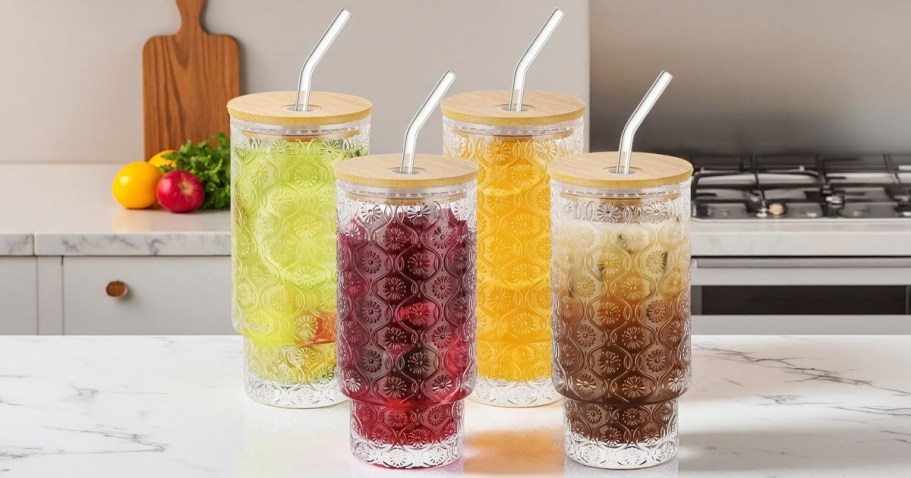 Vintage Glass Tumbler 4-Pack w/ Bamboo Lids & Straws Only $13.99 on Amazon