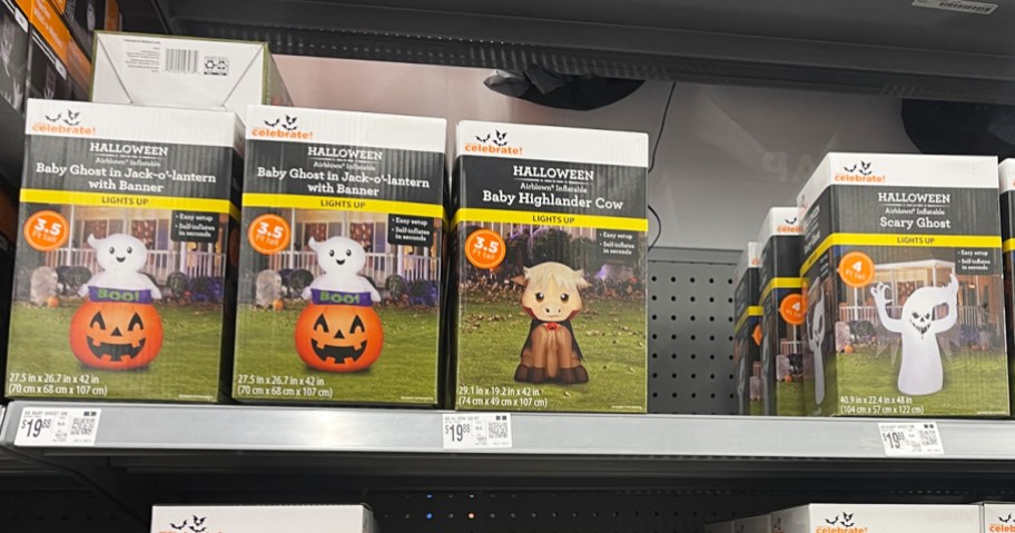 boxes of halloween inflatables on store shelf