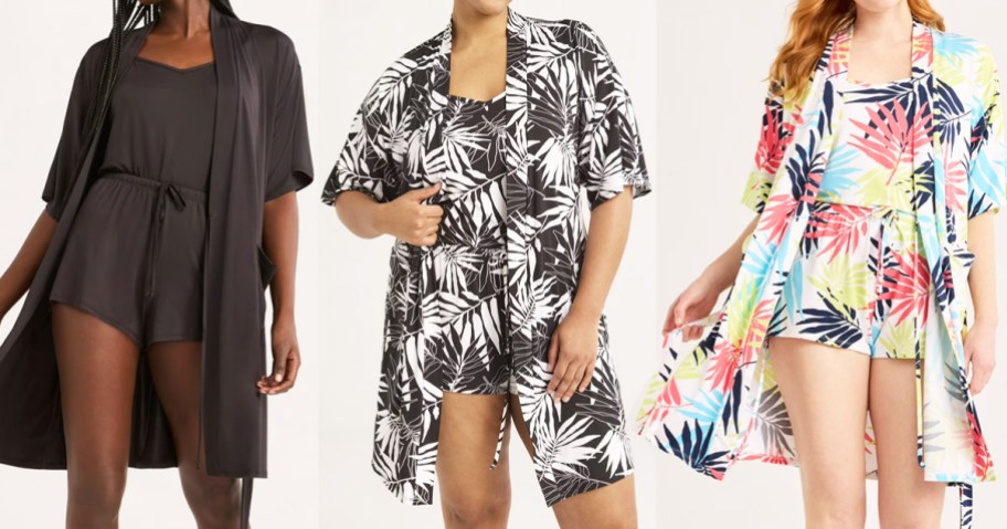 three women in matching top, shorts, and robe pajama sets