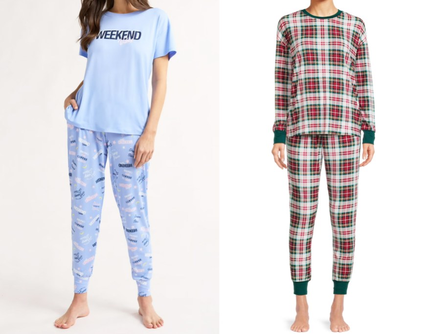 two women in blue and plaid pajama sets