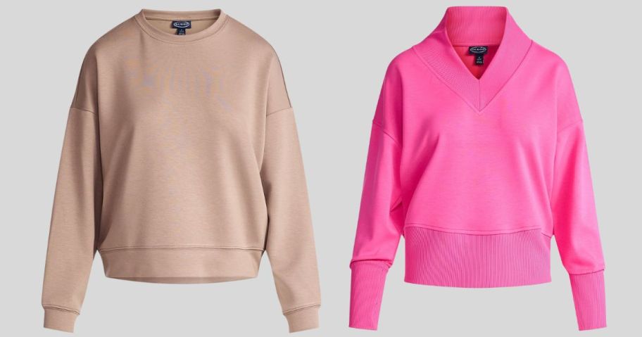 A tan and a pink sweatshirt