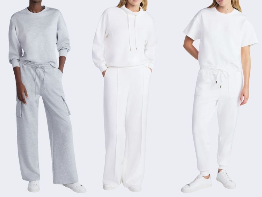 3 women wearing gray and white sweatsuits