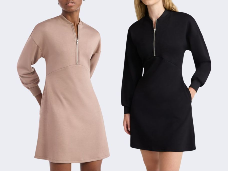 two women wearing a tan and a black 