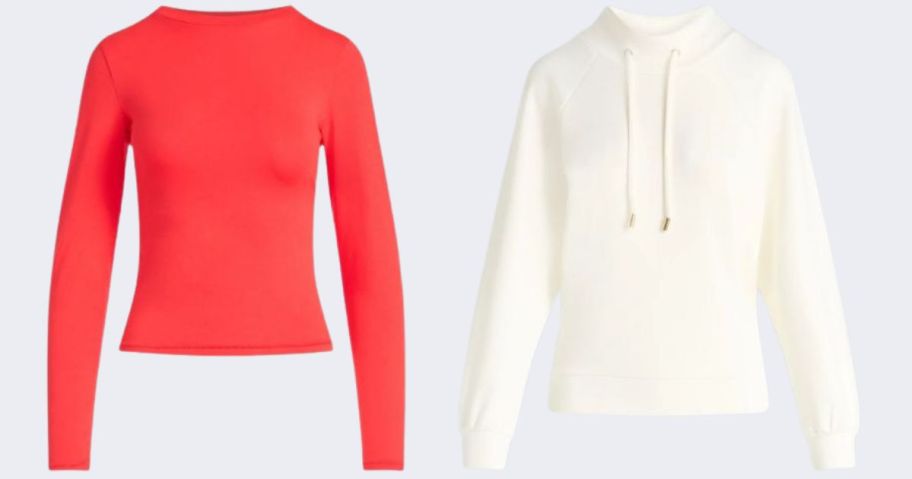 A red and a white sweatshirt