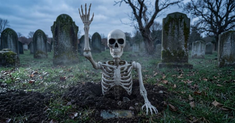 Way To Celebrate 46" Skeleton Groundbreaker coming out of the ground in a graveyard