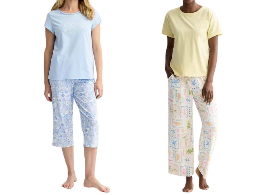 two women wearing Women's Croft & Barrow Capri Pajama Set and Women's Sonoma Goods For Life Pajama Top & Pajama Pants Set