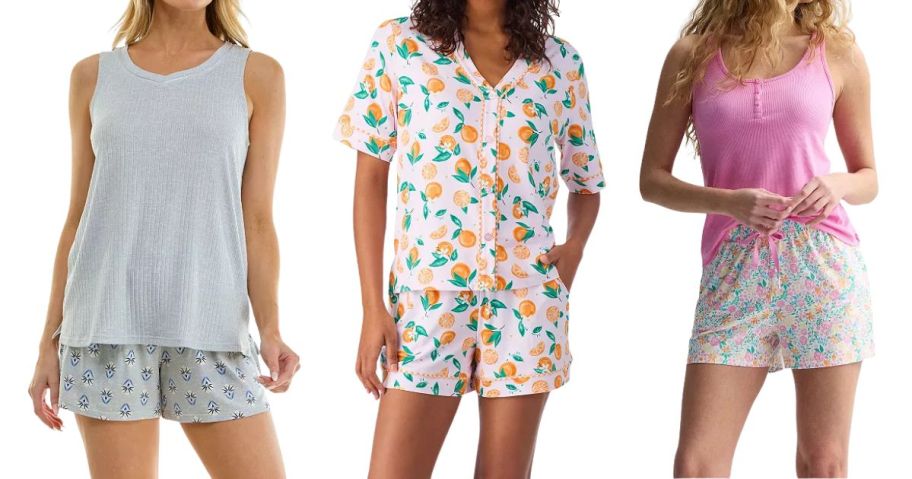 three women wearing Women's Croft & Barrow Lush Luxe Rib Pajama Tank Top & Pajama Shorts Set, Women's Cuddl Duds Short Sleeve Pajama Top & Pajama Boxer Short Set, and Women's Sonoma Goods For Life Pajama Tank Top Set