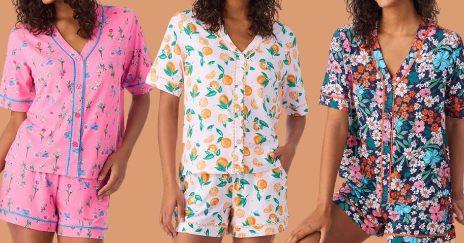 three women wearing Women's Cuddl Duds Short Sleeve Pajama Top & Pajama Boxer Short Sets