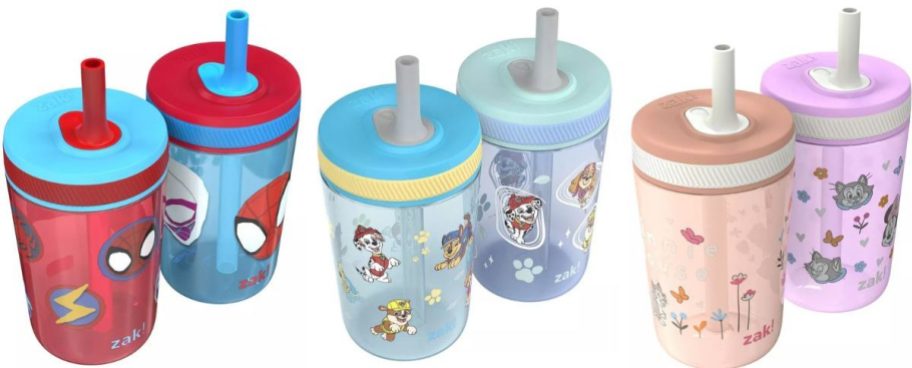 Stock images of 3 sets of Zak Designs Kelso Cup with Spidey & His Amazing Friends, Paw Patrol and Minnie Mouse
