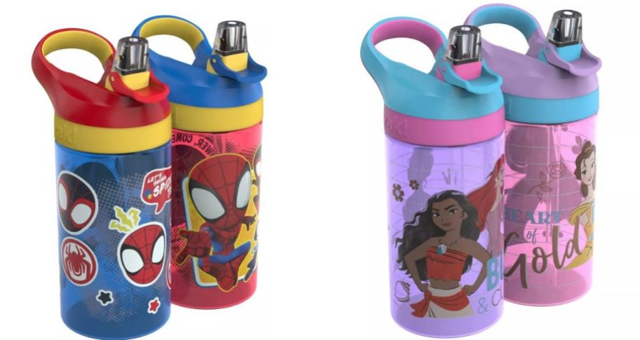 Stock images of two sets of Zak Designs Kids Atlantic Water Bottles featuring Spidey & His Amazing Friends and Disney Princesses
