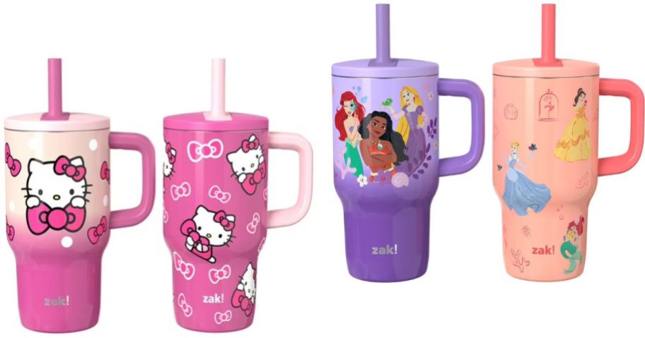 Stock images of two 2-packs of Zak Designs Character Fairway Tumblers with Hello Kitty and Sisney Princess Designs