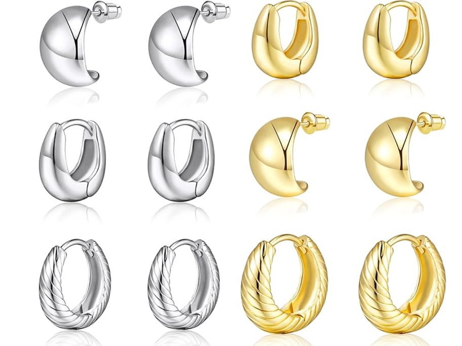 6 pairs of white and yellow gold earrings 