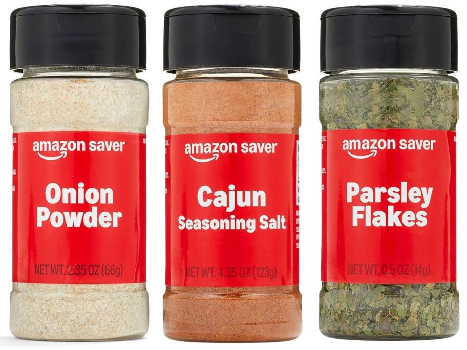 jars of amazon saver onion powder, Cajun seasoning salt and parsley flakes