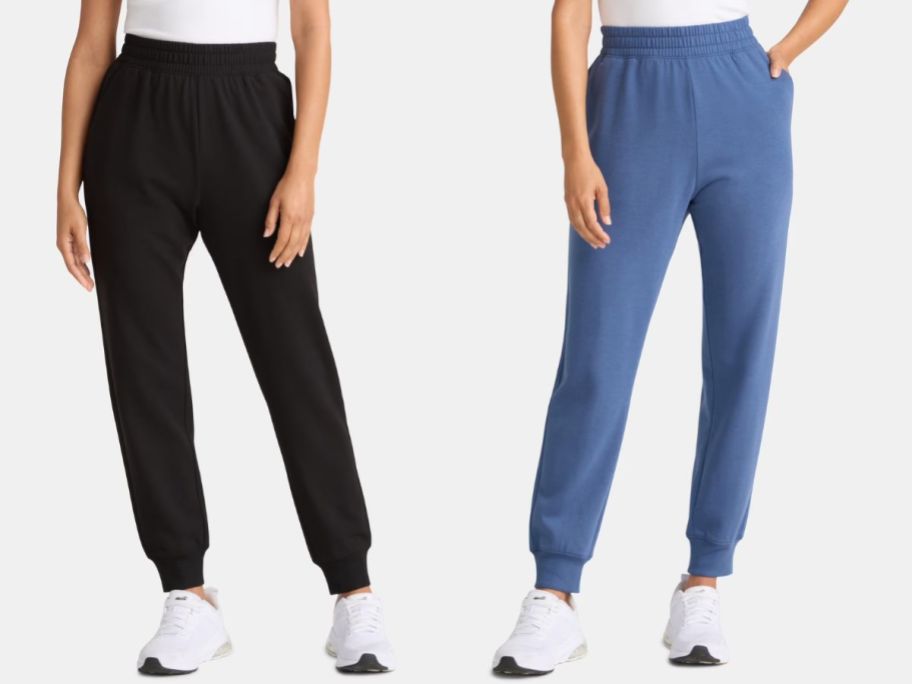 two women wearing Athletic Works Super Soft Joggers in black and blue