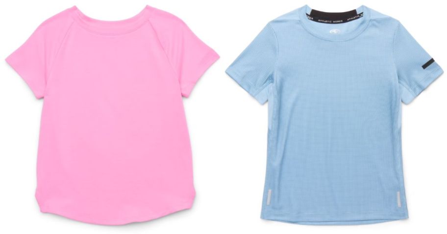 pink Athletic Works Girls Active Tee and blue Athletic Works Boys Active Textured Tee