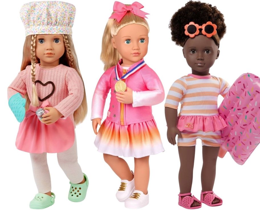 three 18 inch fashion dolls with various accessories