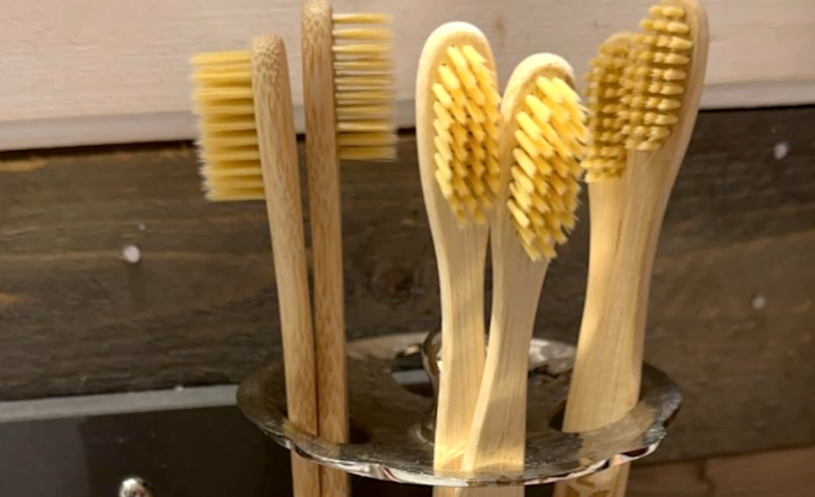 bamboo toothbrushes in cup